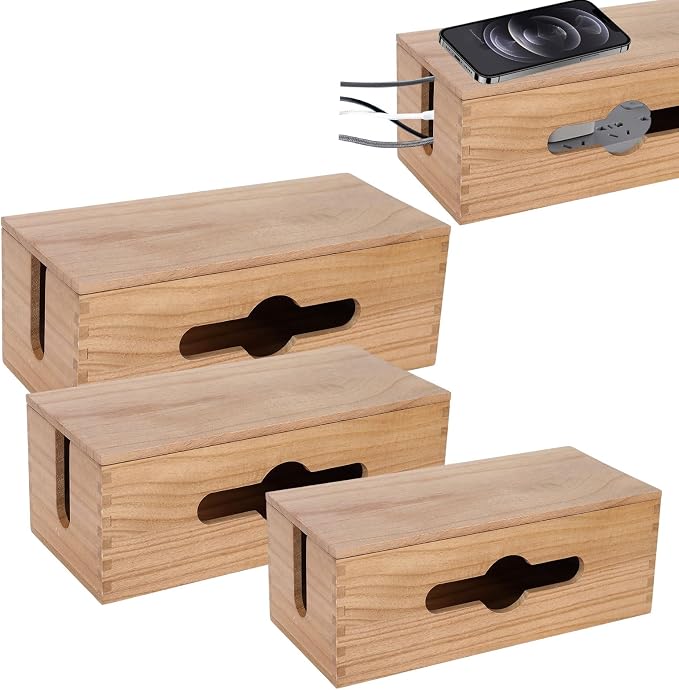 3PCS Wooden Cable Management Box Kit Wooden Cable Hider Storage Box Cord by WHXGG