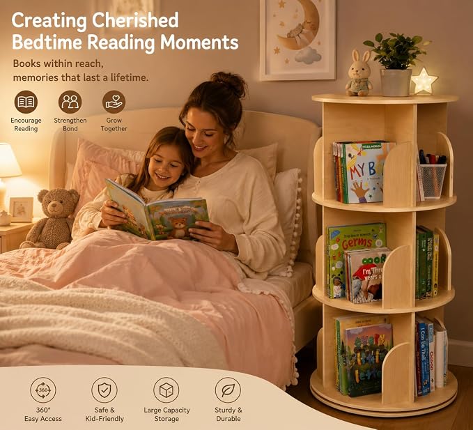 Kids Rotating Bookshelf, 360° Display 3 Tier Bookcase Storage | Small Corner - Image 6