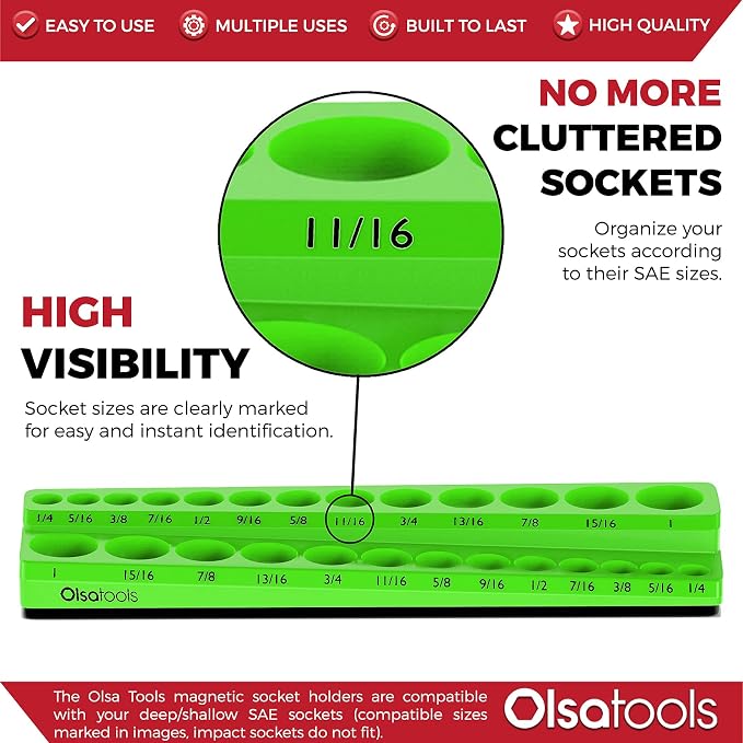 Olsa Tools Magnetic Socket Organizer | 3/8-inch Drive | SAE | Green | Holds 26 - Image 2