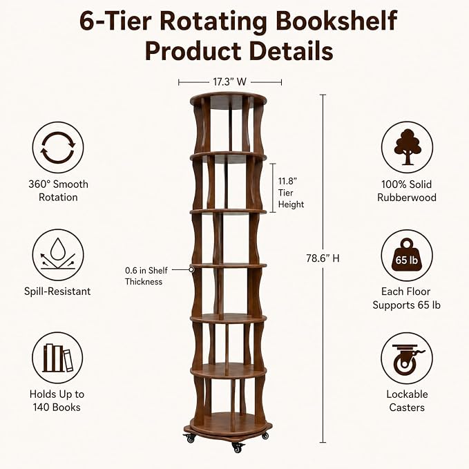 Rotating Bookshelf Tower 6 Tier Corner Bookshelf 360° Spinning Bookshelf | - Image 2