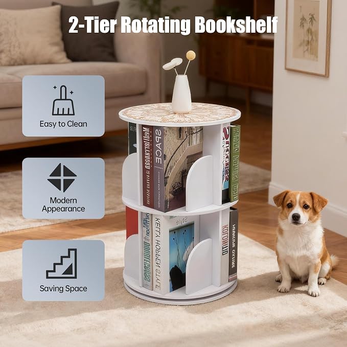2 Tier Rotating Bookshelf Tower Spinning Bookshelf Revolving 360°Bookcase - Image 4