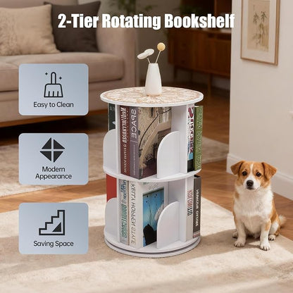 2 Tier Rotating Bookshelf Tower Spinning Bookshelf Revolving 360°Bookcase - Image 4