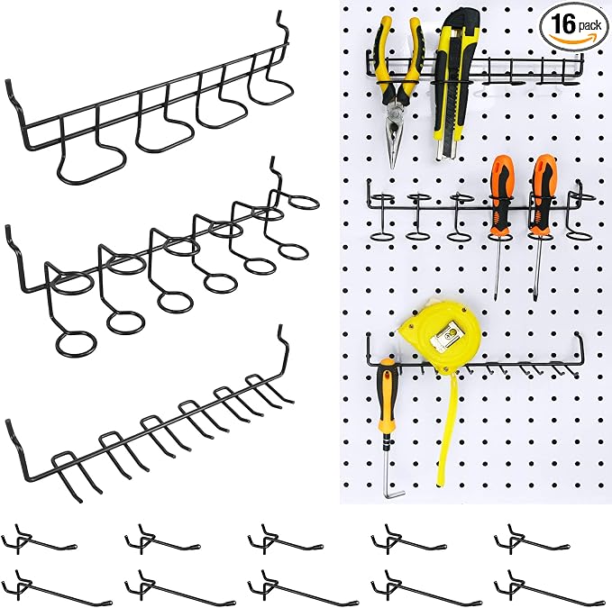 16 Pack Pegboard Utility Hooks, Peg Board Holders & Rack by GCORE