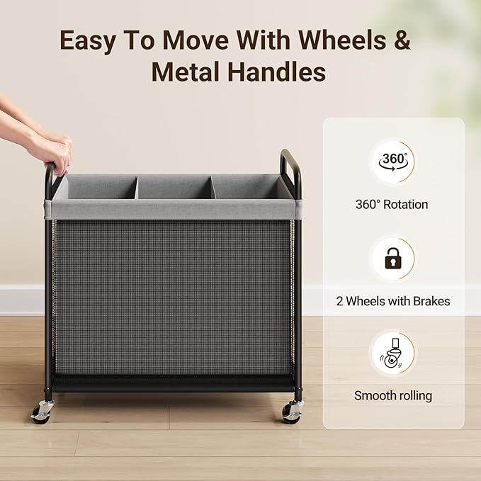ELYKEN Laundry Hamper 3 Section, 120L Rolling Laundry Sorter - Image 5