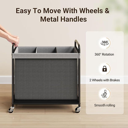 ELYKEN Laundry Hamper 3 Section, 120L Rolling Laundry Sorter - Image 5