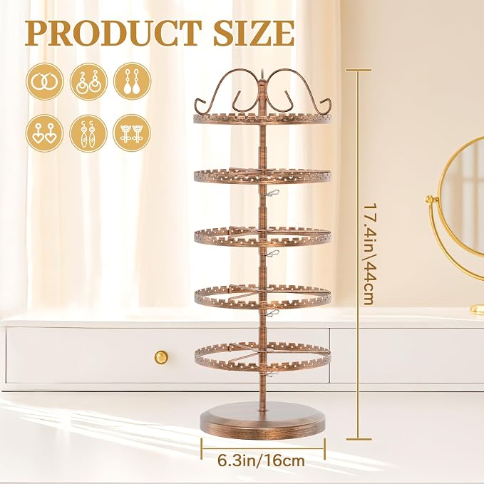 MODOWEY 5 Tier Rotating Earring Holder Organizer Stand, Adjustable Metal - Image 3