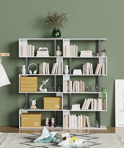 5 Tier Geometric Bookcase, S Shaped Bookshelf, Wood Decorative Storage Shelving - Image 2