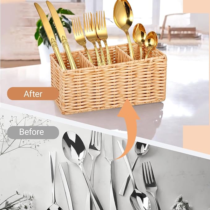 Wicker Flatware Silverware Caddy, Plastic Woven Kitchen Cutlery Organizer - Image 4