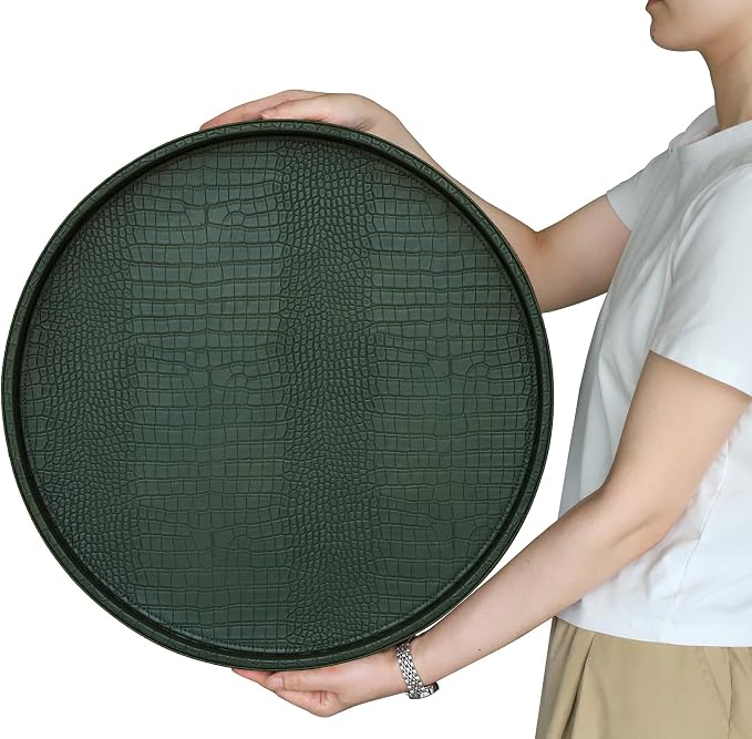 HofferRuffer Round Serving Tray 20'', Elegant Faux Leather Circle Ottoman Table - Image 8