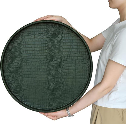 HofferRuffer Round Serving Tray 20'', Elegant Faux Leather Circle Ottoman Table - Image 8