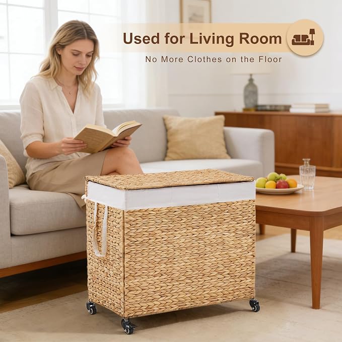 3-Section Laundry Hamper with Lid, Large Capacity Woven Natural Water Hyacinth - Image 6
