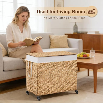3-Section Laundry Hamper with Lid, Large Capacity Woven Natural Water Hyacinth - Image 6