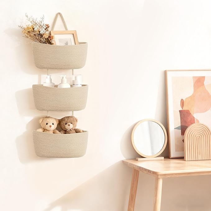Dahey Over The Door Hanging Basket Storage 3-Tier Woven Wall Basket, Jute | - Image 3