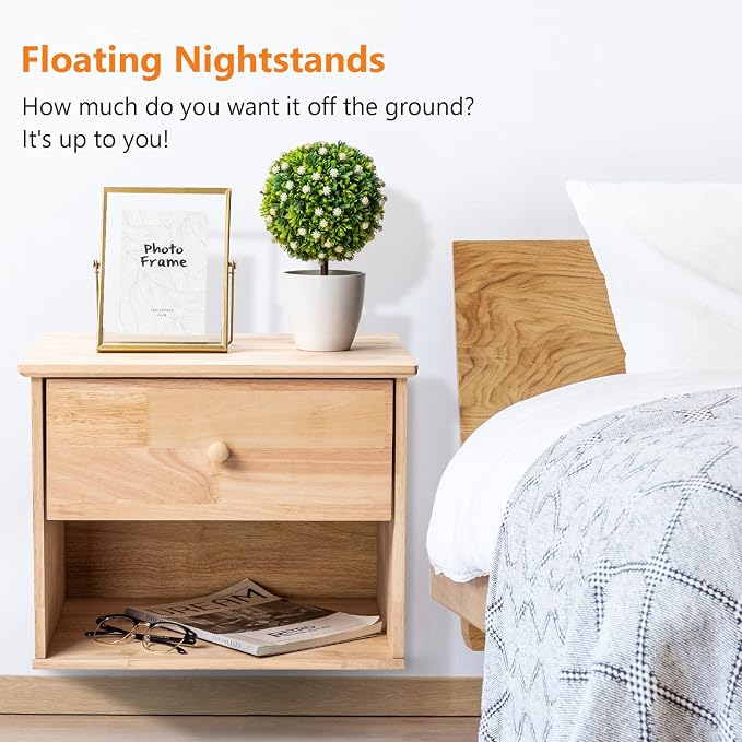 VINGLI Unfinished Natural Solid Wood Floating Nightstand - Image 3