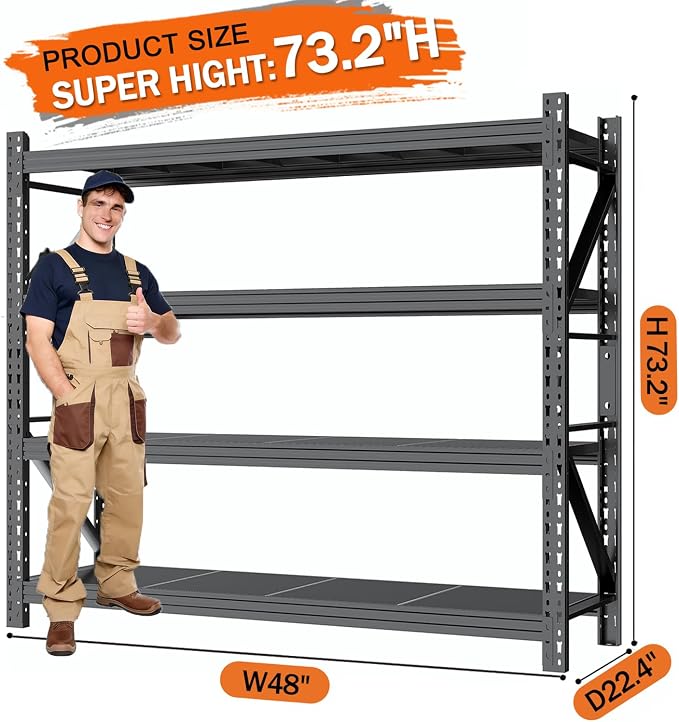 48''W Heavy Duty Storage Shelves, 3600LBS Metal Garage Shelving Units, 4 Tier - Image 2