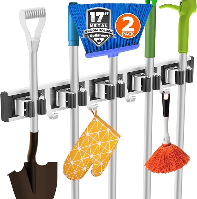 reliahom Broom Holder Wall Mount Mop Hanger Tools organizer 5Racks4Hooks by reliahom