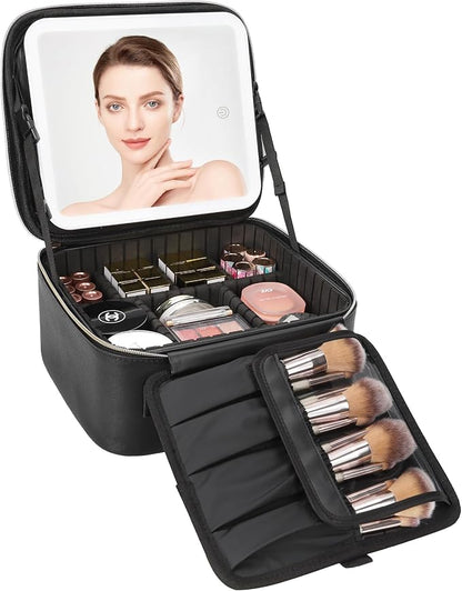 Relavel Travel Makeup Bag With LED Mirror, Cosmetic Train Case with Light up by Relavel