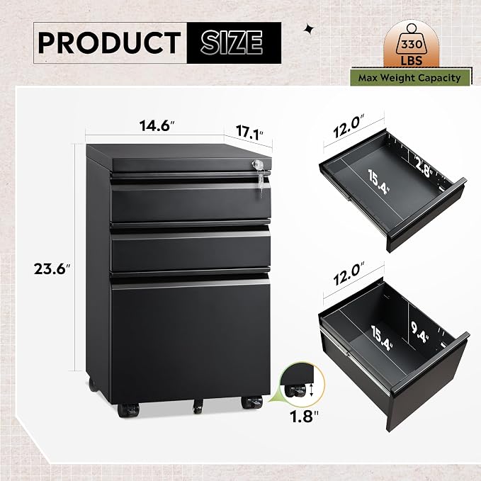 DEVAISE 3 Drawer Mobile File Cabinet Under Desk Office, Fully Assembled Except - Image 3