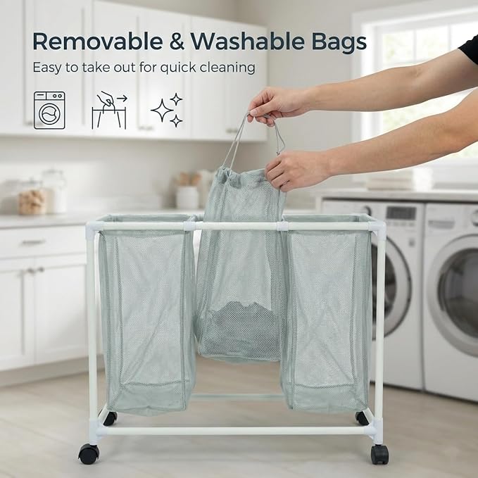 3 Section Laundry Hamper with Wheels & Lid, Large Rolling Laundry Basket - Image 3