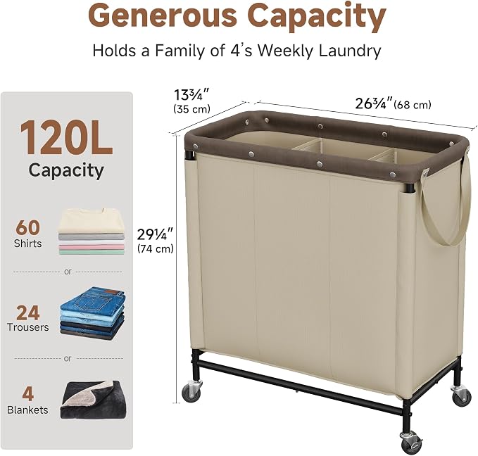 StorageWorks 2 Section Laundry Hamper, 120L Tan Sorter Cart - Image 2