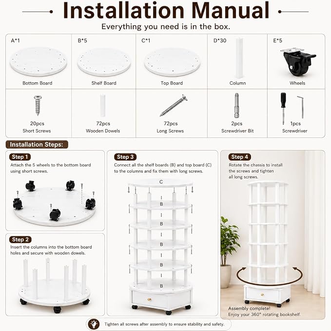 6 Tier Rotating Bookshelf with Drawer, 360° Round Spinning Bookshelf Tower with - Image 9
