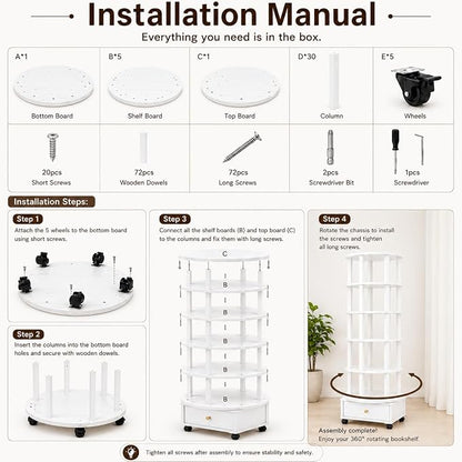 6 Tier Rotating Bookshelf with Drawer, 360° Round Spinning Bookshelf Tower with - Image 9