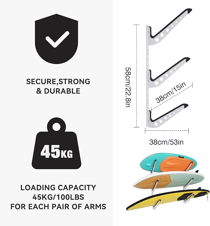 3 Board Surf Rack Wall Mount for Surfboard, Snowboard Storage Adjustable Wall - Image 2