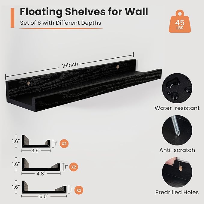 Fun Memories Picture Ledge Shelf, 16 Inch Long Floating Shelves Set of 6 - Image 4