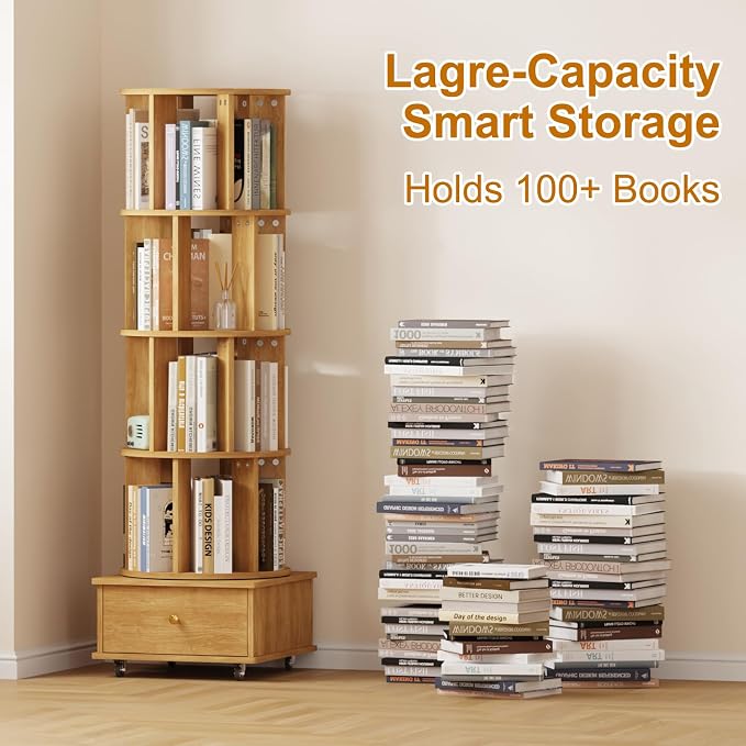 Rotating Bookshelf with Drawers on Lockable Wheels Wood Oak | 5 Tier Spinning - Image 6