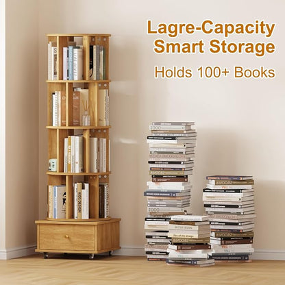 Rotating Bookshelf with Drawers on Lockable Wheels Wood Oak | 5 Tier Spinning - Image 6