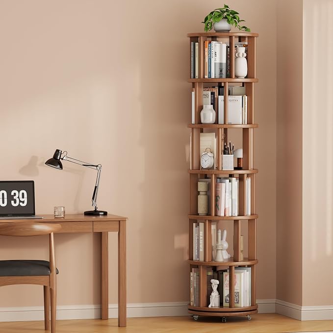 Solid Wood Rotating Bookshelf on Wheels, 6 Tier, Round Revolving Bookcase - Image 9