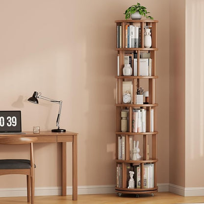 Solid Wood Rotating Bookshelf on Wheels, 6 Tier, Round Revolving Bookcase - Image 9
