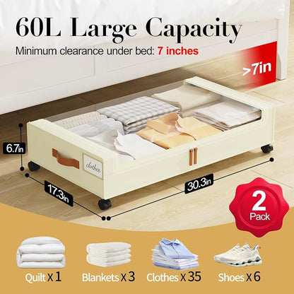 Yecaye Under Bed Storage with Wheels, 2 Pack Under the Bed Storage Containers - Image 2