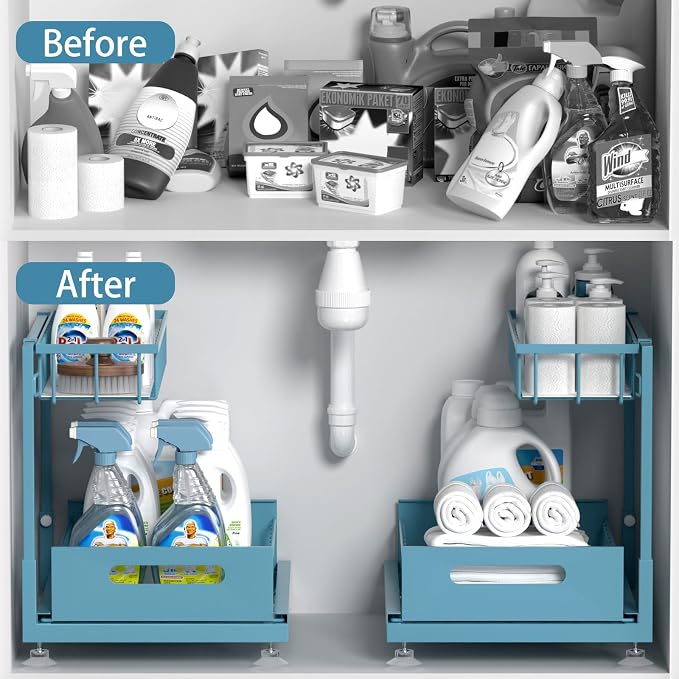 Under Sink Organizer Storage 2-Tier Premium Metal Pull-Out Racks, Height - Image 2