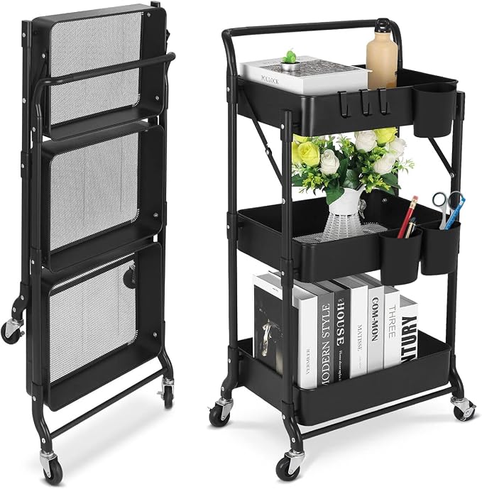 Foldable 3 Tier Metal Utility Rolling Cart, Folding Mobile Multi-Function by Johgee