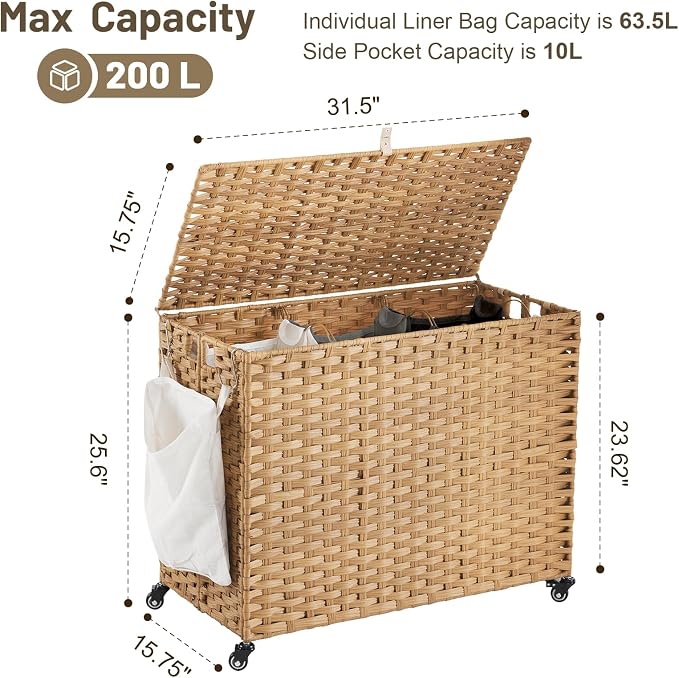 Laundry Hamper with Wheels, 52.8 Gallon Rolling Laundry Basket with Lid - Image 4