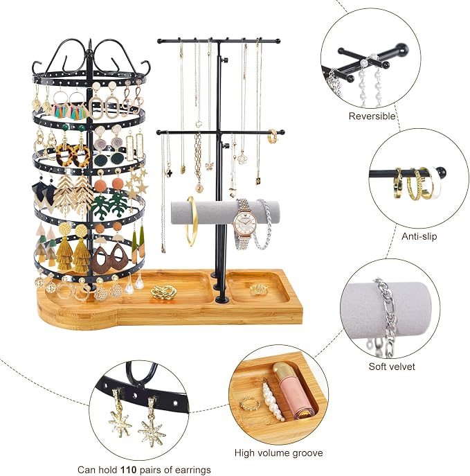 Jewelry Organizer Stand with Bamboo Base, Metal Rotating Earring Holder - Image 4