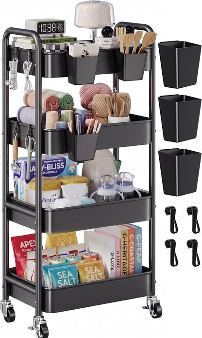 4 Tier Rolling Cart Metal with Wheels, Utility Roller Carts Organizer by Aofure