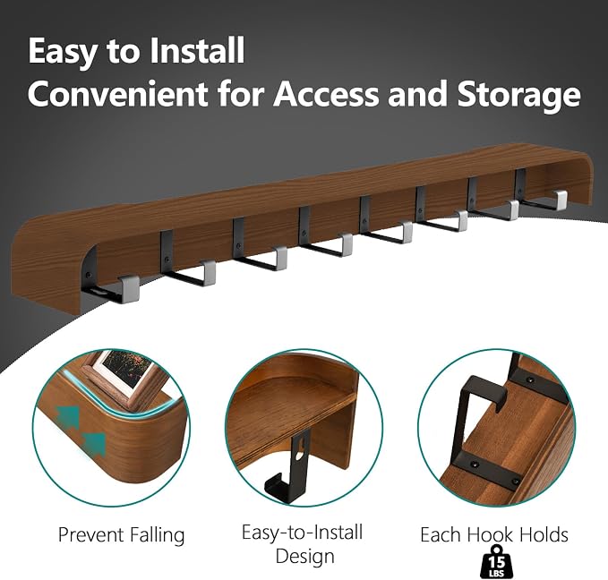 Coat Rack Wall Mount with Hidden Hooks Modern Key Holder Wood Entryway Hook - Image 4