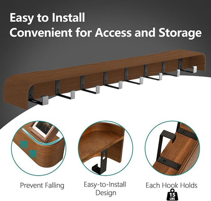 Coat Rack Wall Mount with Hidden Hooks Modern Key Holder Wood Entryway Hook - Image 4