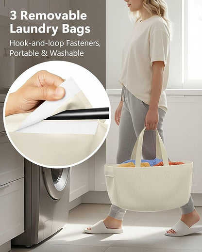 3 Section Laundry Sorter with Removable Bags, 120L Rolling Vertical Laundry - Image 3