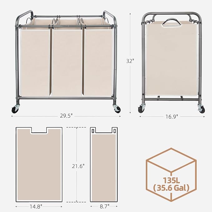 STORAGE MANIAC 3 Section Laundry Sorter, 35.9 Gal Laundry Hamper Cart - Image 3