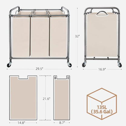 STORAGE MANIAC 3 Section Laundry Sorter, 35.9 Gal Laundry Hamper Cart - Image 3