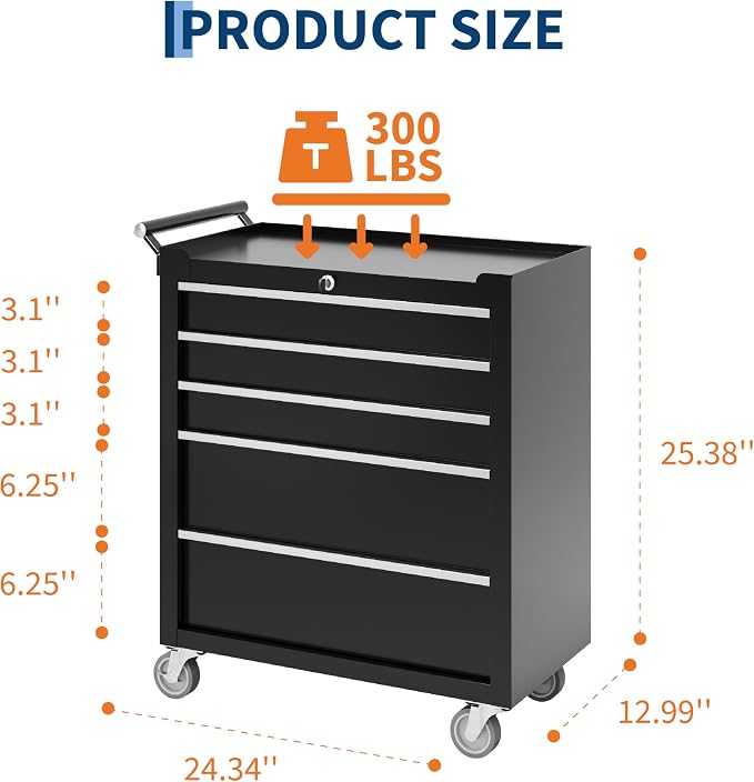 Garvee Rolling Tool Chest, 5 Drawers Tool Storage Cabinet, Toolbox - Image 3