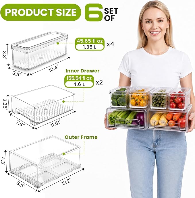 6Pack Fridge Organizers and Storage, Stackable Fridge Organizer Bins - Image 2