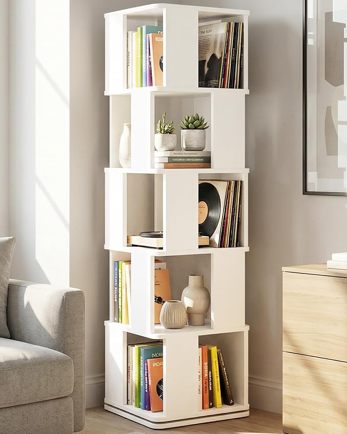 5-Tier Rotating Bookshelf Tower, 360° Square Spinning Book Shelf | Floor by Foxemart