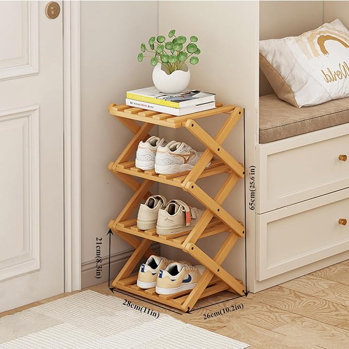 4 Tier Foldable Shoe Rack, Bamboo Vertical Shoe Organizer Tall - Image 2