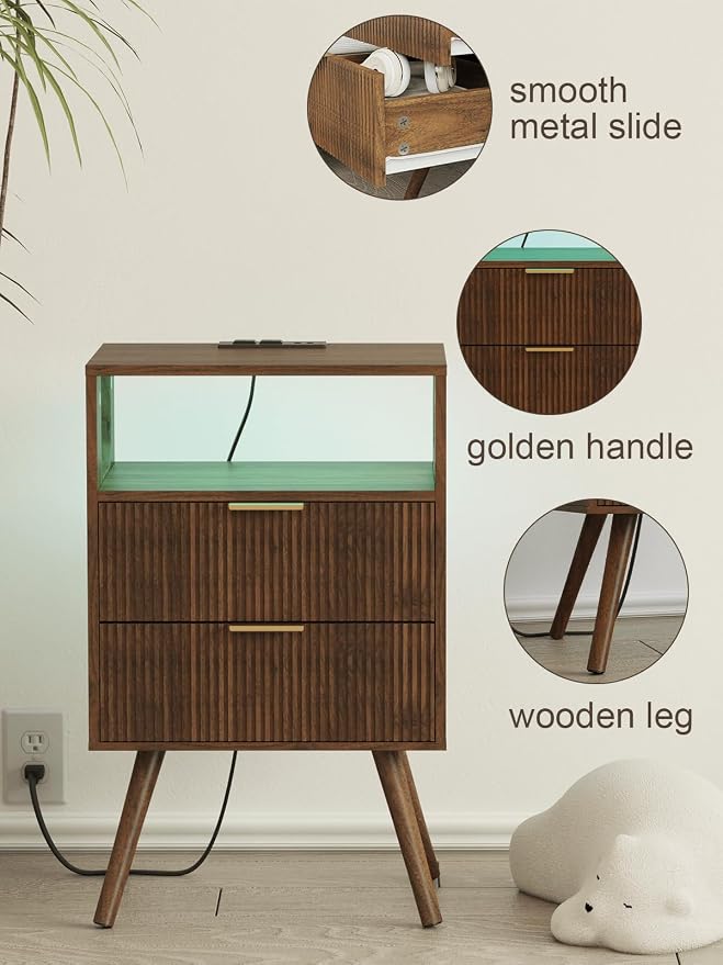 Nightstand with Charging Station and LED Lights, Modern Bedside Table with 2 - Image 5
