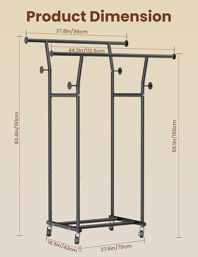 Double Rods Clothes Rack, Rolling Clothing Rack - Image 5