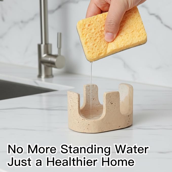 Travertine Sponge Holder, Dual-Slots Natural Stone Sink Organizer - Image 2